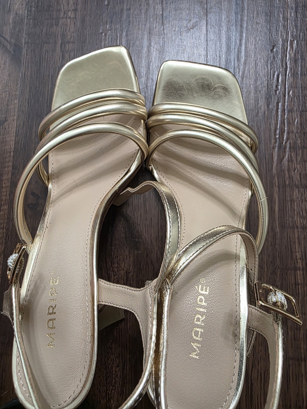 Maripe Nadia Gold Metallic Strappy Sandals Size 9 Square Toe Heels - Picture 2 of 6